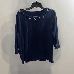 Quaker Factory Navy Blue 3/4 Sleeve Top With Silver Embellishments Neckline XL